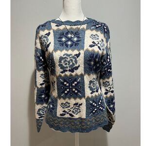 Vtg Blue Floral Knit Sweater Cotton Acrylic Women Made in USA